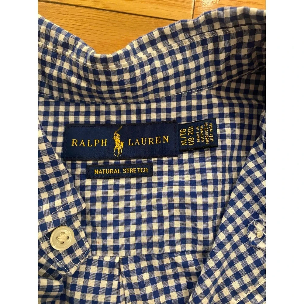 Boys Ralph Lauren XL Blue Gingham Checkered Button Down‎ Long Sleeve Stretch